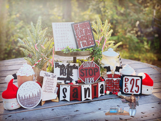 Christmas tier tray decor, Santa stop here, nice list, naughty list, Santa’s reindeer, home decor, Christmas decor, dear Santa, Rudolph