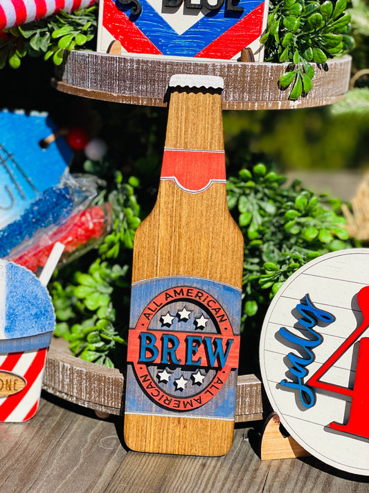 July 4th tier tray decor, 4th of July, Independence Day, USA, red white and blue, all American brew, Rae dunn decor, home decor