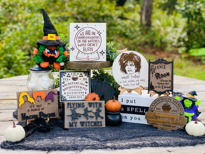Witches tier tray set, home decor, crystal ball, Witch sisters, ouija board, seance, billy, we fly, halloween,mini signs, brooms, spell book