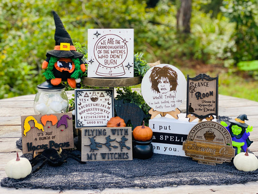Witches tier tray set, home decor, crystal ball, Witch sisters, ouija board, seance, billy, we fly, halloween,mini signs, brooms, spell book
