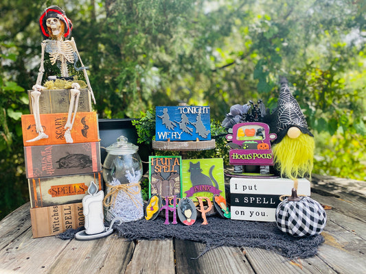 Witches tier tray decor, Halloween tier tray decor, home decor, witch spells, Rae dunn decor, Binx, witches, black flame