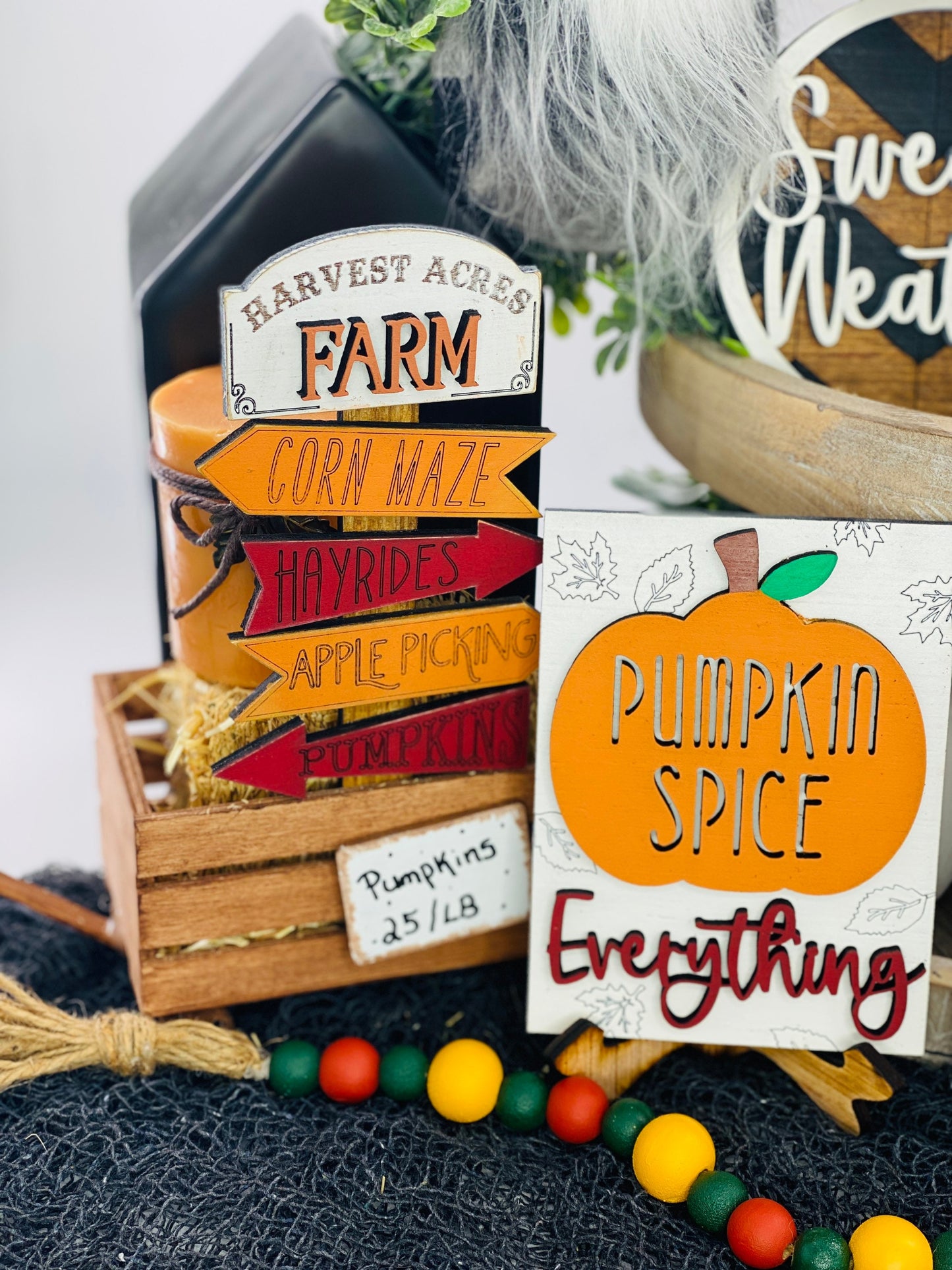 Fall tiered tray decor,pumpkin patch,pumpkin spice everything,corn maze,hayrides,apples,pumpkins,bonfires,flannel,smores,sweater weather