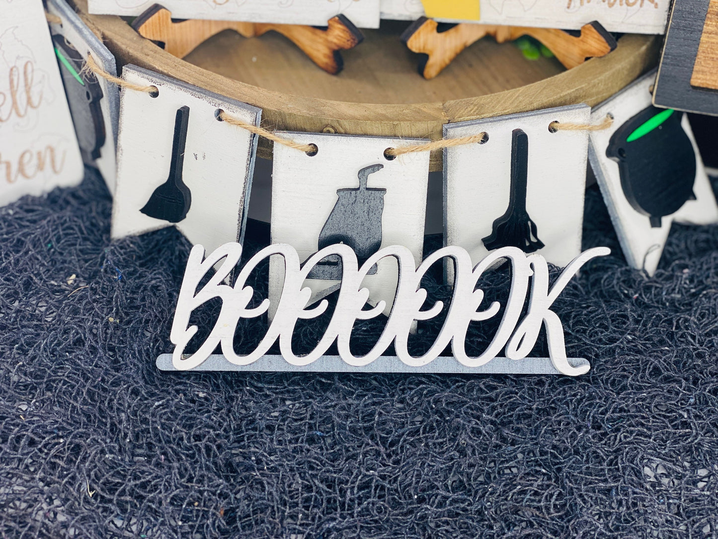 Witch tiered tray decor,home decor,Halloween, spellbook,black cat,put a spell on you,smell children,broom rides,we fly tonight,witches