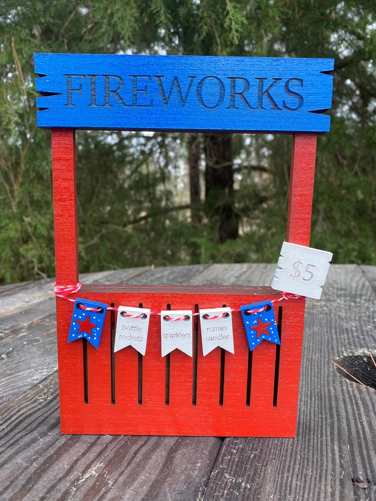 Wooden mini fireworks stand, bottle rockets, sparklers, Roman candles, tier tray decor, home decor, america, usa, 1776, red white blue