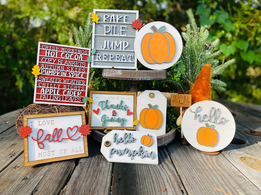 Fall tier tray decor, home decor, autumn, farmhouse, 3d, hello pumpkin, mini signs, love fall most of all, fall vibes, thanks, giving