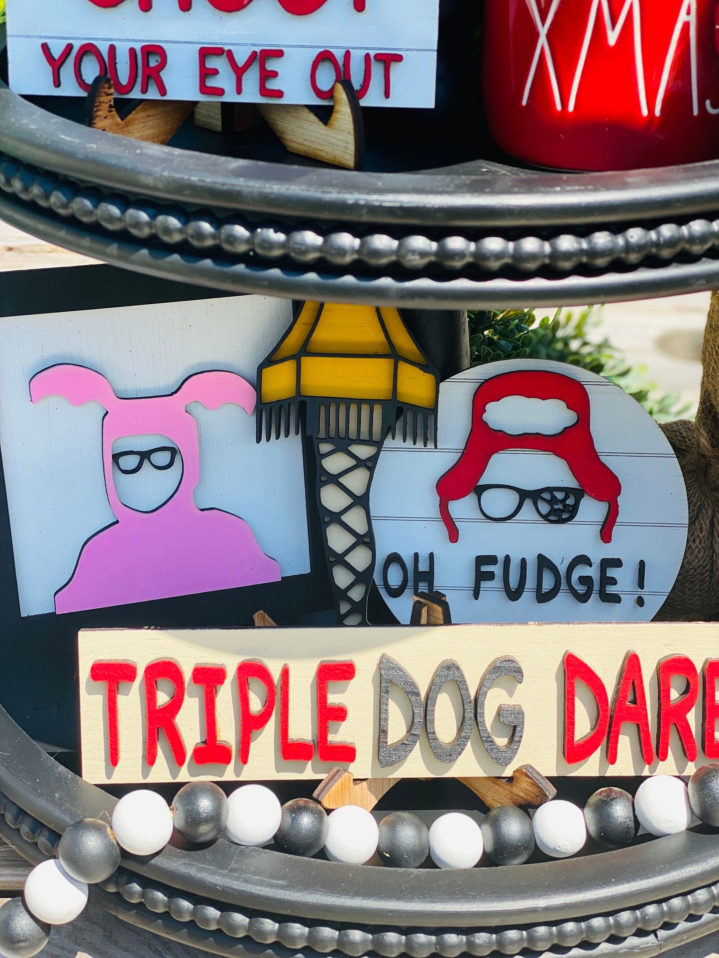 Christmas tier tray decor,Christmas story,shoot your eye out kid,Red Ryder,oh fudge,Christmas story house,fragile box,home decor,leg lamp
