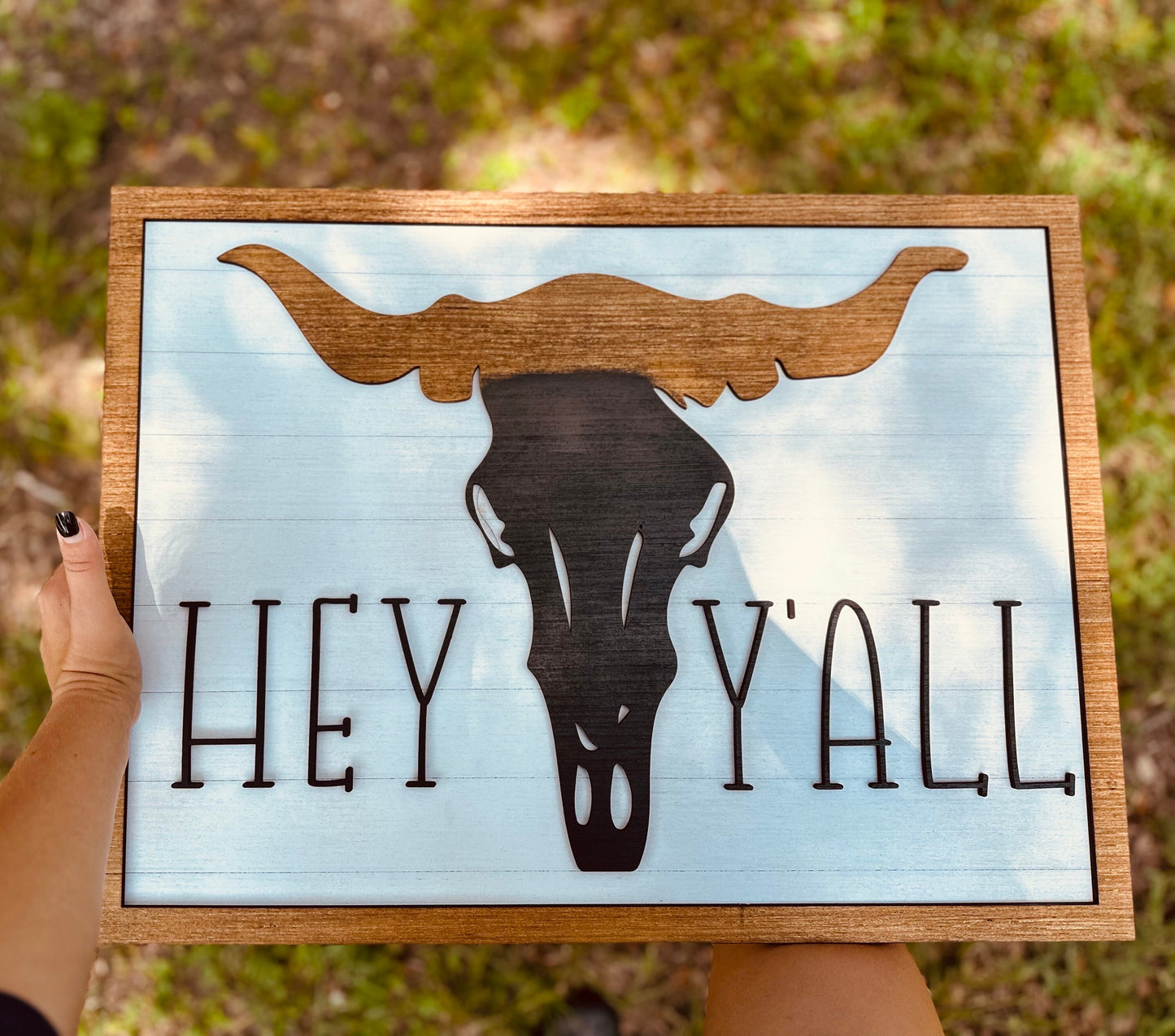 Welcome sign, home decor, hey yall, cow head, western, country decor, farmhouse, wall hanging, hey, yall, country house, cow, horns, rustic