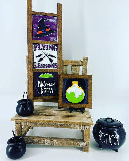 Halloween Leaning ladder, home decor, Rae Dunn displays, gift for mom, witches, flying lessons, cauldron, hutch displays, holiday decor